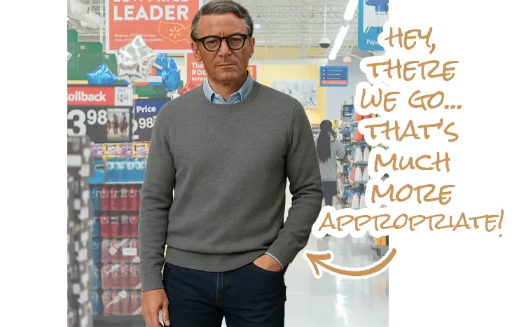 Photoshopped image of Jason Isaacs as Cary Grant, dressed smart casual in modern grocery store