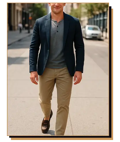 Man wearing a navy blazer, gray henley, chinos and loafers