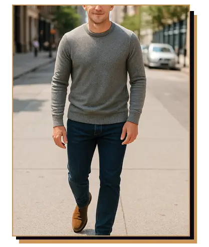 Man wearing a gray sweater, blue jeans and brown boots