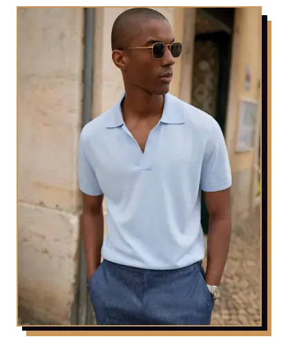 Man wearing light blue polo shirt