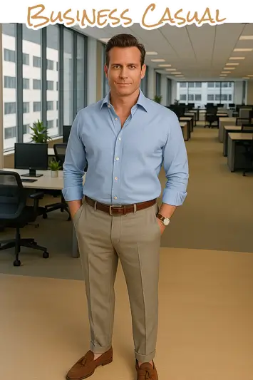Example of man wearing business casual clothes in office
