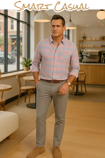 Example of man wearing smart casual clothes in coffee shop