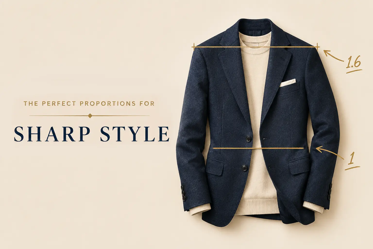 Graphic titled The Perfect Proportions for Sharp Style featuring a navy blazer over a cream sweater with jacket fit ratio indicators