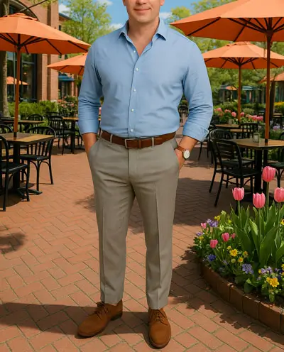 Photo illustrating a cohesive brunch look, with a light blue shirt, khaki chinos and brown loafers