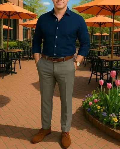 Photo showing how a navy blue shirt throws off cohesion, undermining the look