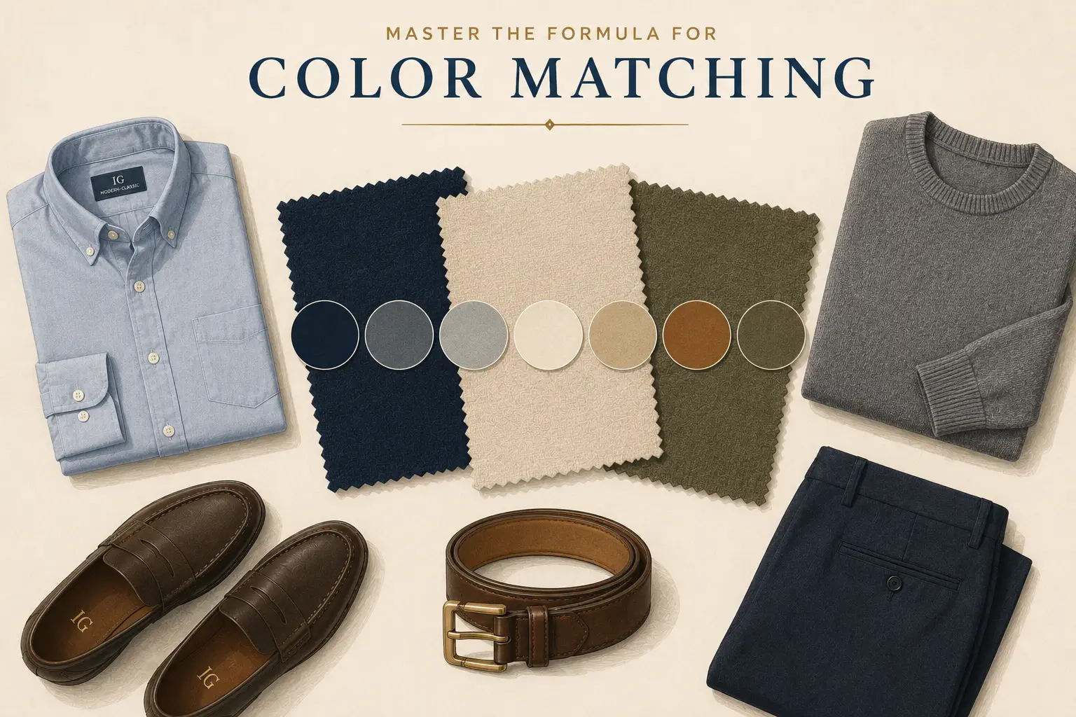 An AI-created illustration of a flat lay showing modern-classic menswear colors