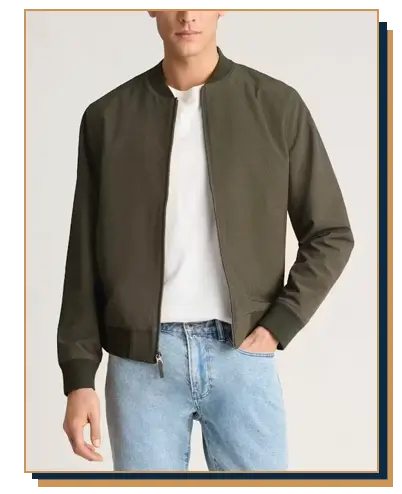 Green bomber jacket styled with white tee and light blue jeans