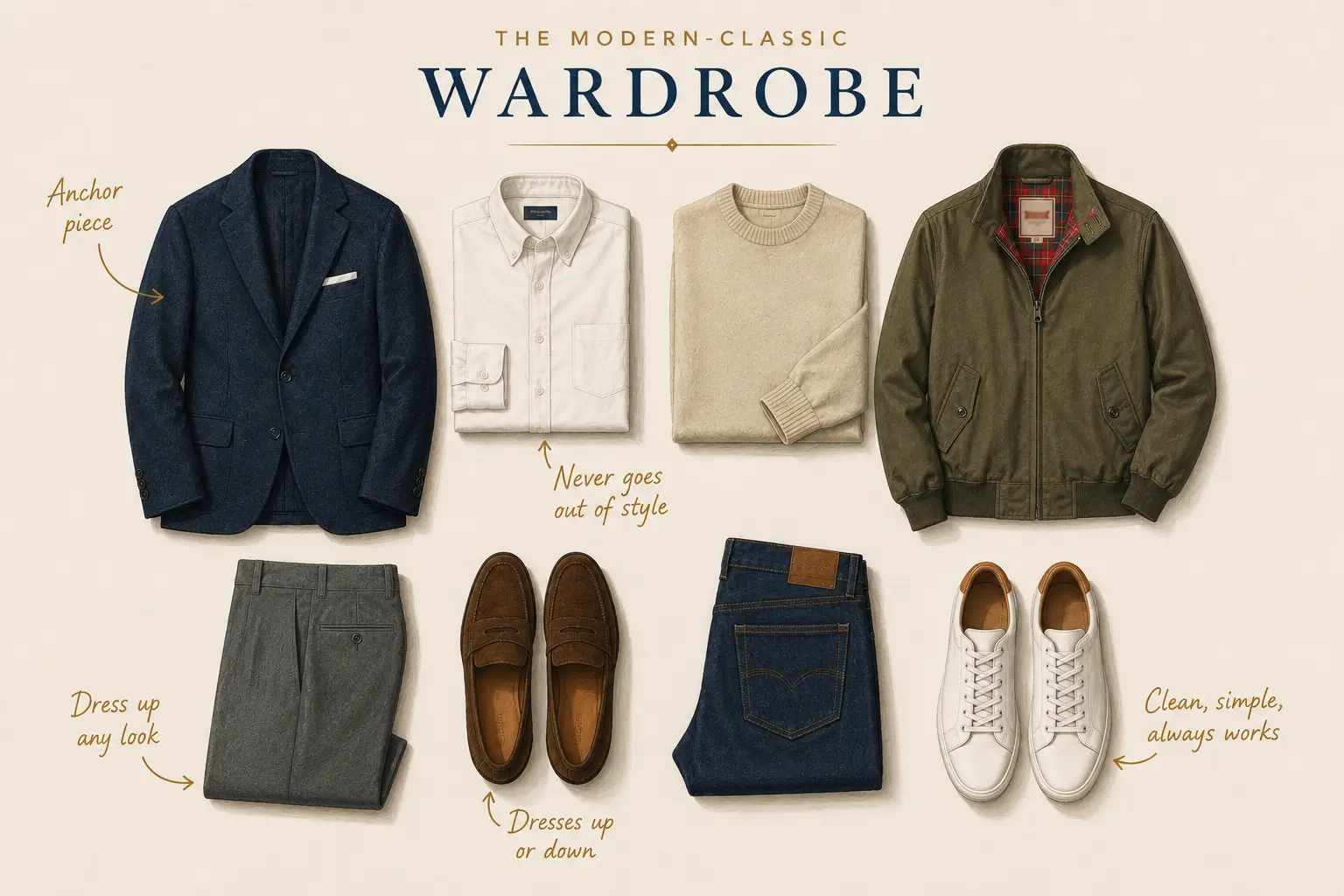 Flat lay graphic titled The Modern-Classic Wardrobe displaying 8 essential men's clothing items including a navy blazer, white oxford shirt, beige crewneck sweater, olive Harrington jacket, gray trousers, brown suede loafers, dark jeans, and white leather sneakers