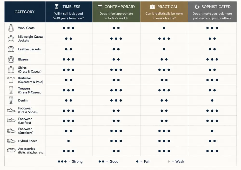 The Modern-Classic Scorecard table rating men's wardrobe categories like wool coats, blazers, and loafers across four pillars: Timeless, Contemporary, Practical, and Sophisticated