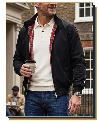 Man wearing a navy blue harrington over a white polo shirt and blue jeans