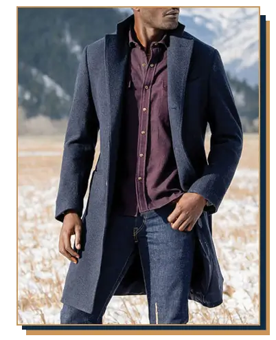 A gray charcoal gray mens top coat with button up shirt and jeans