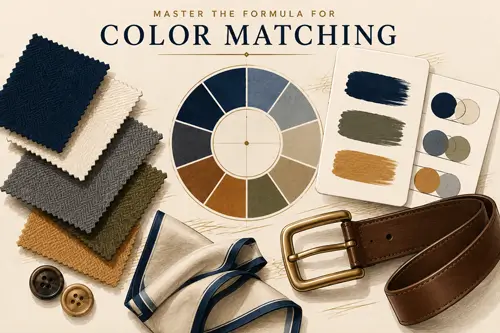 Color matching concept illustration featuring menswear swatches, color wheel and accessories