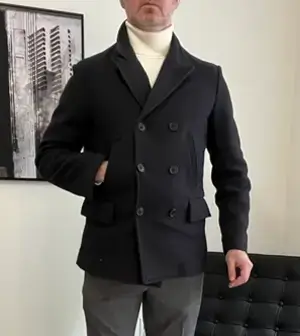 Irreverent Gent founder Dave Bowden wearing a navy blue peacoat