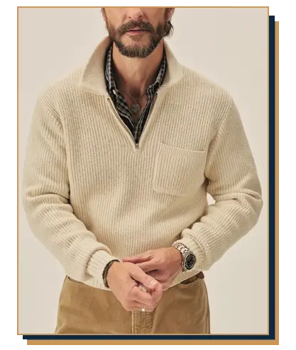 Man wearing a cream ribbed knit quarter-zip sweater with a chest pocket over a dark plaid button-up shirt paired with tan corduroy pants