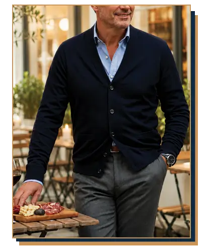 Style concept of a man wearing a navy blue button-front cardigan sweater over a light blue dress shirt with charcoal grey dress pants