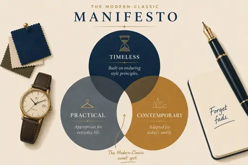 Modern-Classic Manifesto concept illustration featuring menswear swatches, watch, and journal.