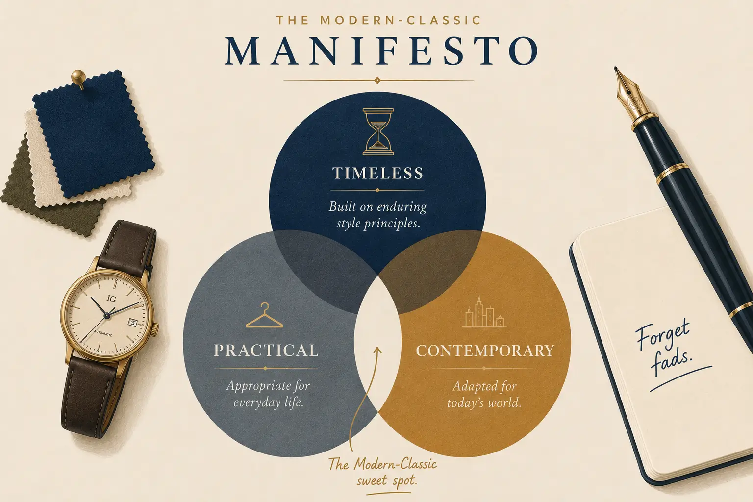 Modern-Classic Manifesto concept illustration featuring menswear swatches, watch, and journal.