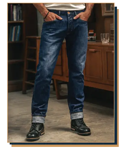 Man wearing cuffed dark medium-wash blue jeans with a white t-shirt and black leather lace-up boots from &Sons