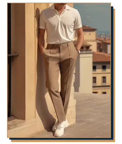 Man leaning against a stone pillar wearing a white polo shirt, beige pleated dress trousers, and white sneakers