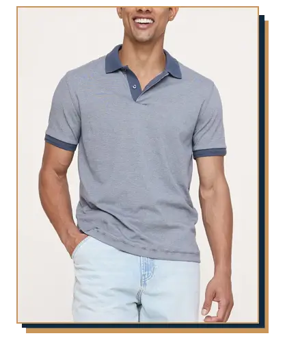 Man wearing a light blue Banana Republic polo shirt with jeans