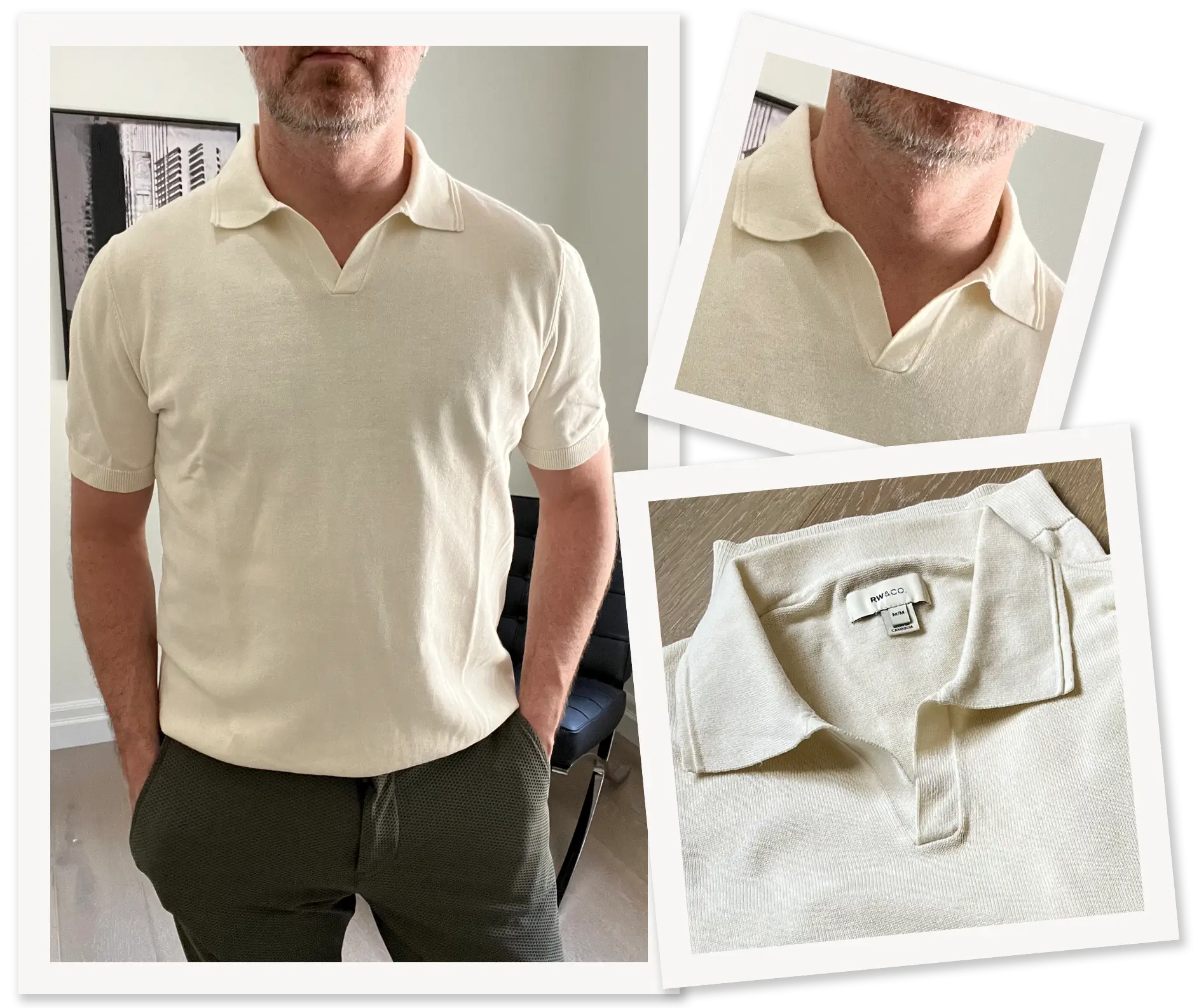 Photo collage showing Irreverent Gent founder Dave Bowden wearing a cream johnny collar polo
