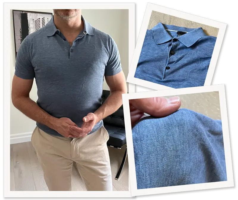 Photo collage showing Irreverent Gent founder Dave Bowden wearing a light blue luxury knit polo