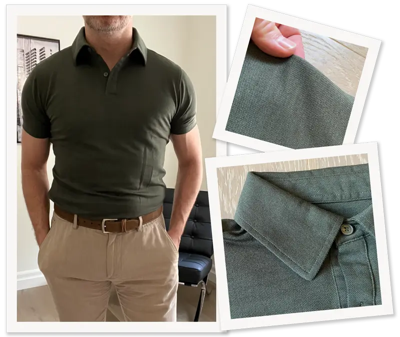 Photo collage showing Irreverent Gent founder Dave Bowden wearing a green merino wool polo