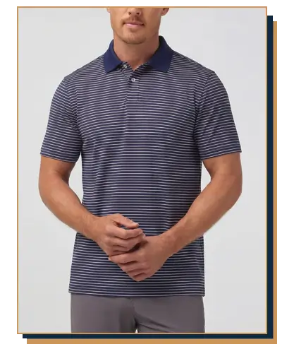 Man wearing a navy blue polo with horizontal stripes from Mizzen and Main