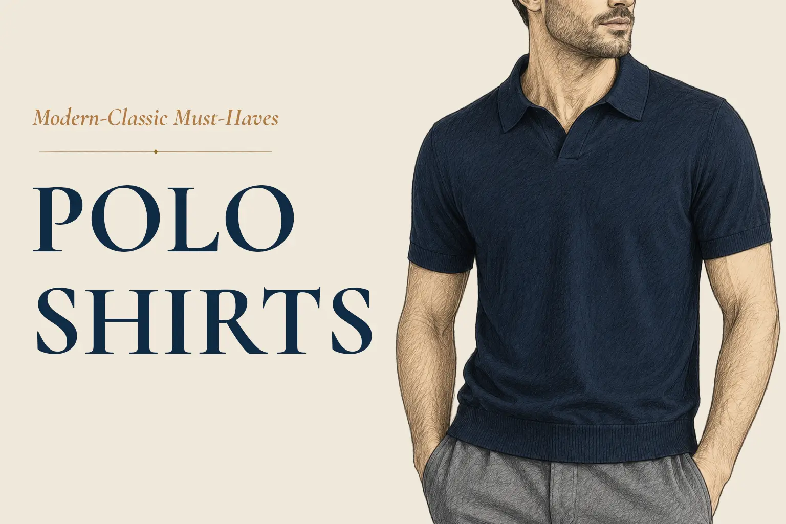 Banner image with the title "Modern Classic Must-Haves: Polo Shirt" and an illustration of a man wearing a navy blue polo and grey trousers