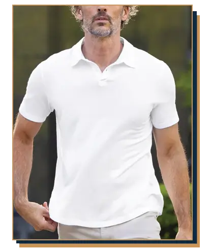 Man wearing a white polo shirt from Mott and Bow