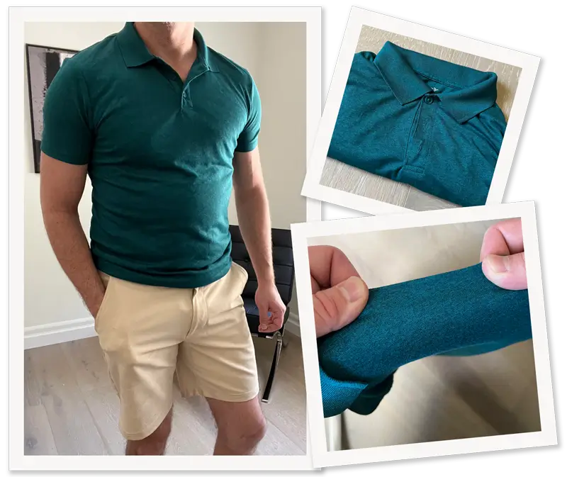 Photo collage showing Irreverent Gent founder Dave Bowden wearing a green performance polo