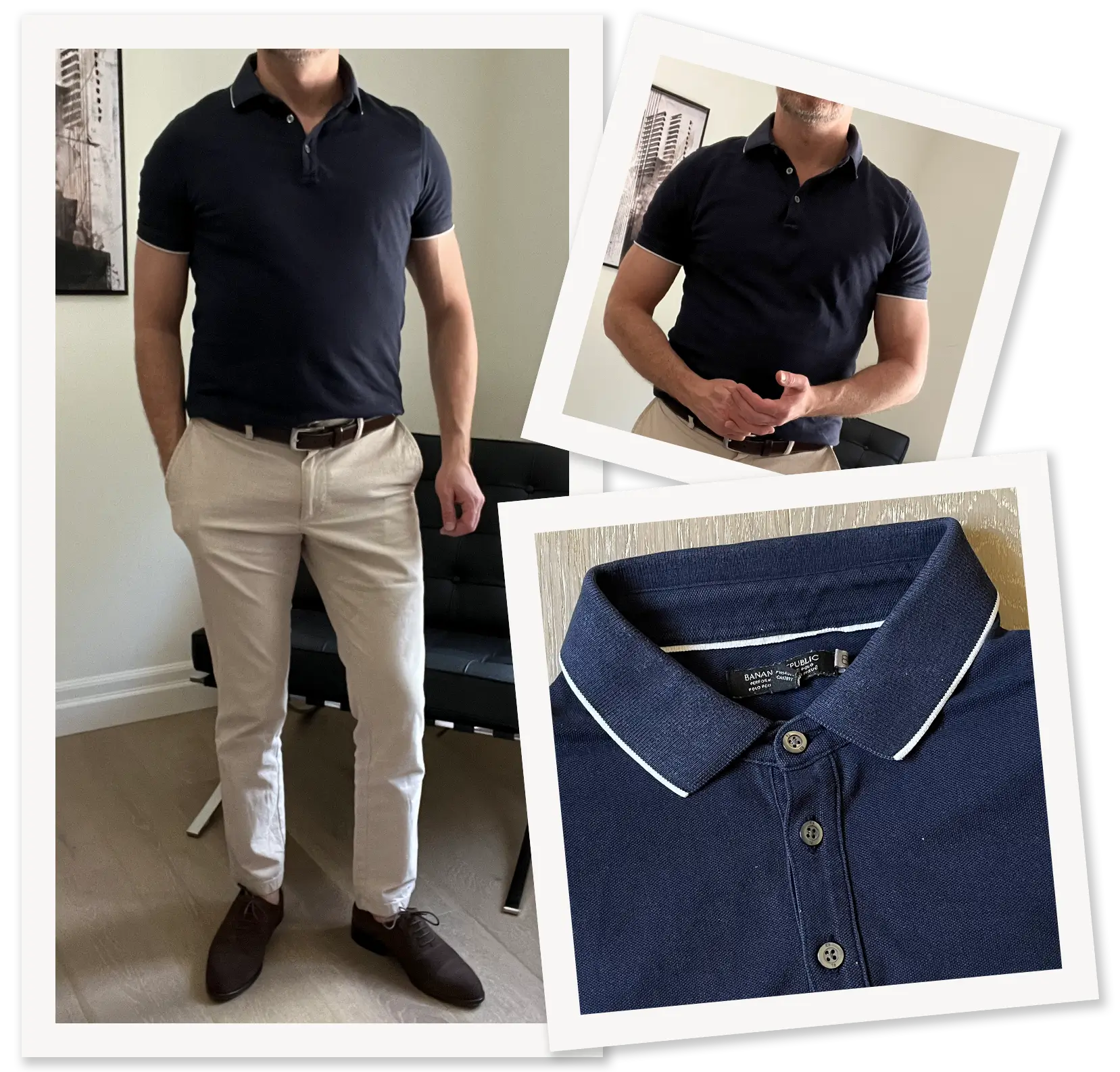 Photo collage showing Irreverent Gent founder Dave Bowden wearing a navy blue pique polo
