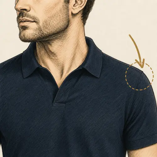 Illustration showing proper men's polo shirt shoulder fit, with a circled shoulder seam resting precisely at the edge of the shoulder bone