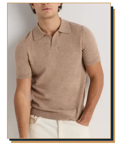 Man wearing a beige cashmere polo from Quince