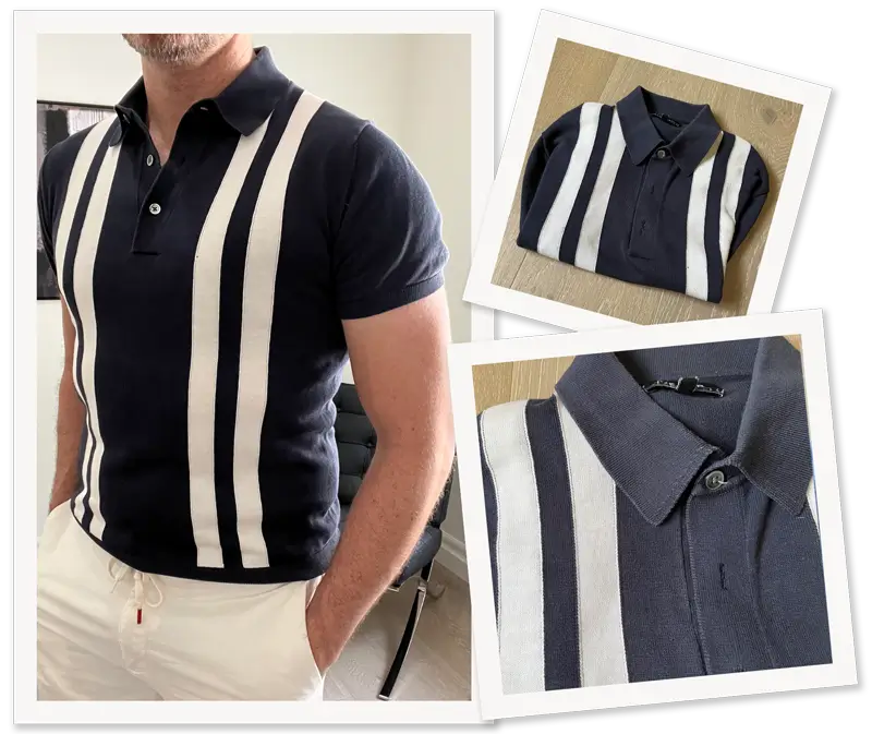 Photo collage showing Irreverent Gent founder Dave Bowden wearing a navy blue resort polo
