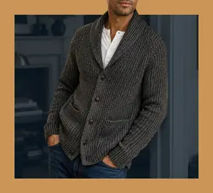 Shawl-Collar-Cardigan Man wearing a dark grey ribbed knit shawl collar cardigan sweater over a white shirt.