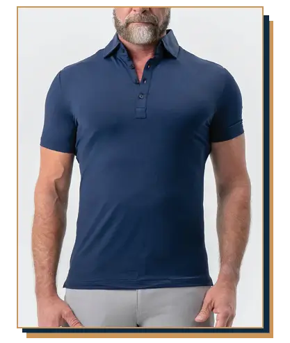 Man wearing a dark blue polo from State and Liberty