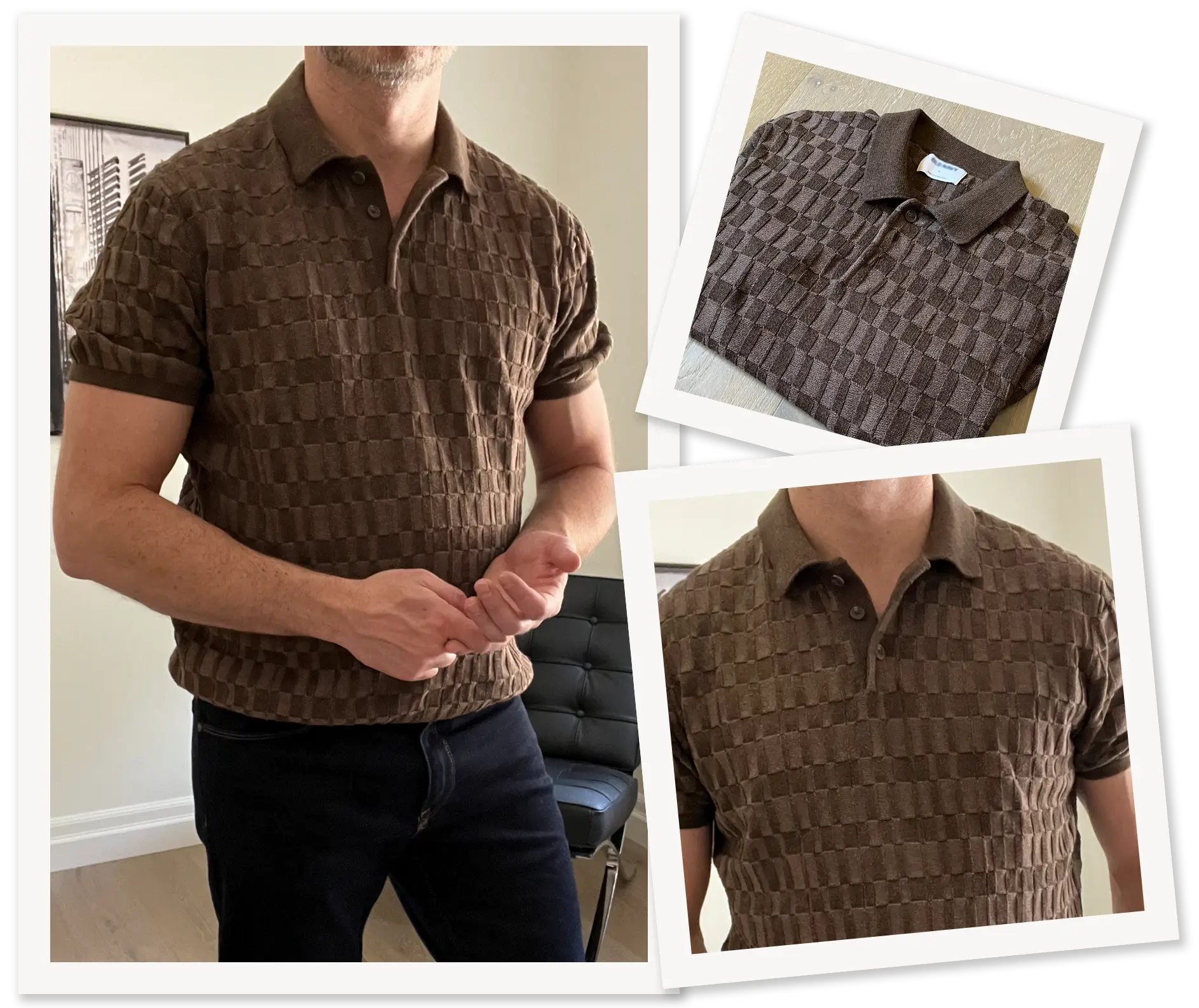 Photo collage showing Irreverent Gent founder Dave Bowden wearing a brown sweater polo