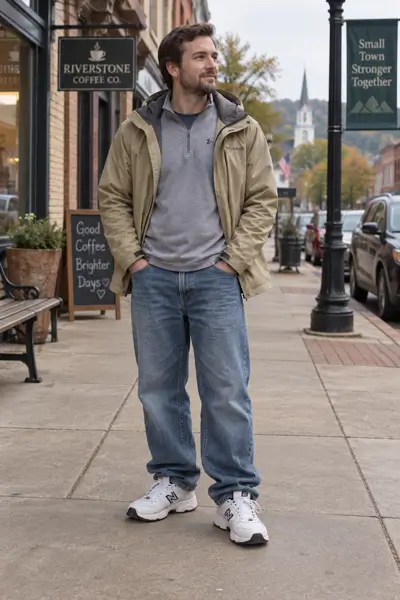 High-fidelity illustration of a man standing on a small-town Main Street wearing chunky white sneakers, baggy jeans, a gray athletic quarter-zip and a khaki hiking-style rain jacket.