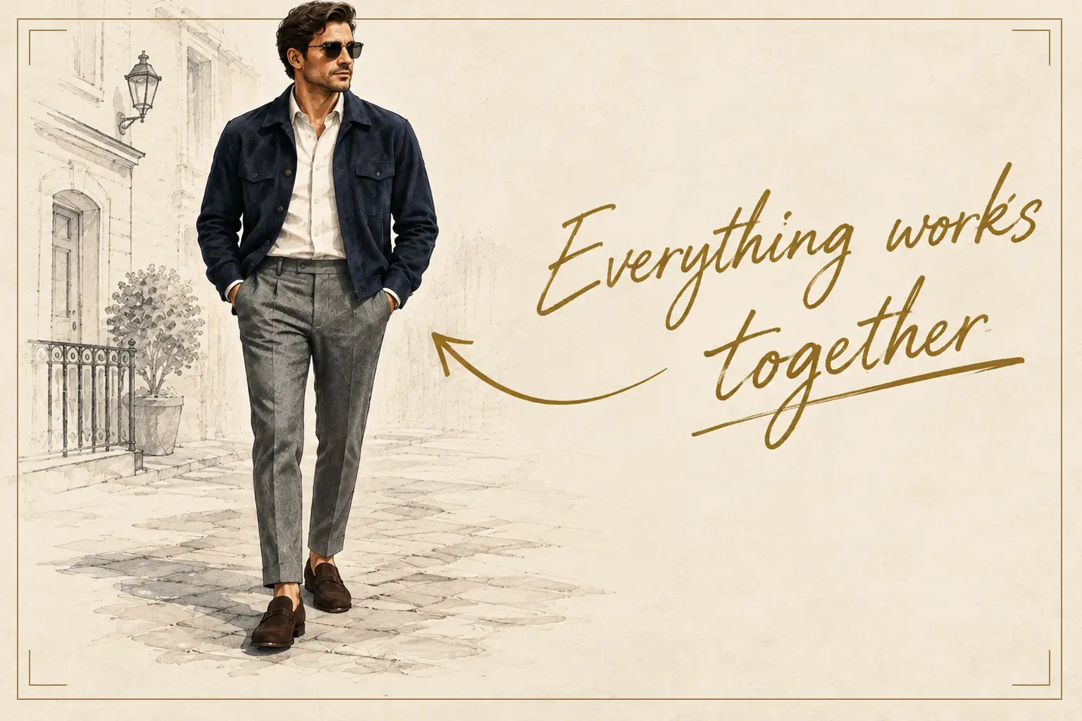 Illustration of a stylish man in a navy jacket, white shirt, gray trousers and brown loafers, with a handwritten note reading “Everything works together.”