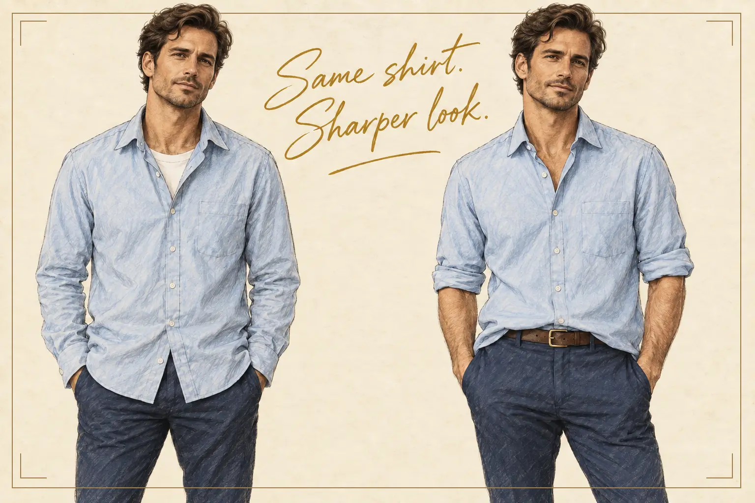 Side-by-side illustration of a man wearing the same light-blue button-up shirt, comparing an untucked look with a visible undershirt to rolled sleeves, a neat collar and a French tuck. Text reads “Same shirt. Sharper look.”