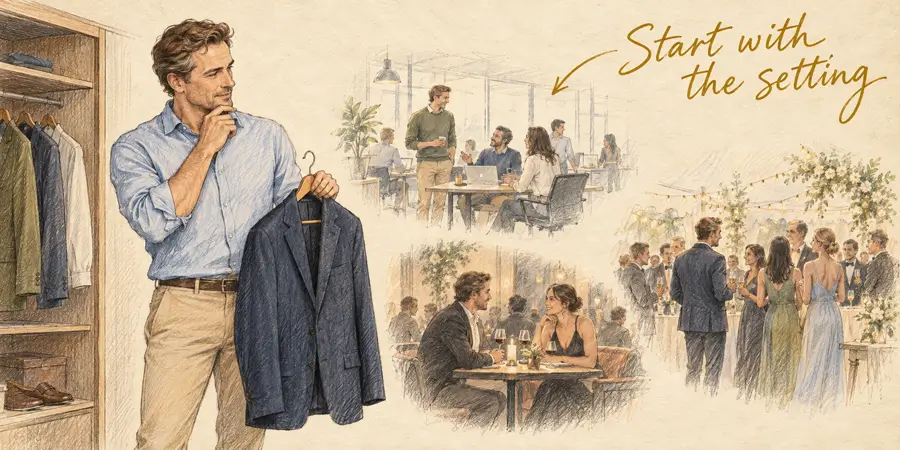 Illustration of a man picturing various occasions and selecting the right outfit