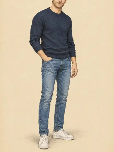 Sketch of a man dressed in a crew neck sweater and jeans