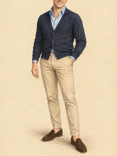 Sketch of a man wearing blue cardigan and khakis